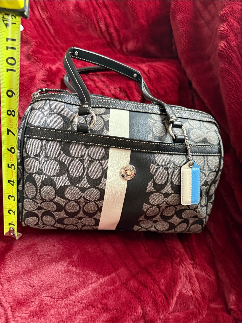 Vintage Coach Handbag in Black, Gray & White with Signature Pattern
